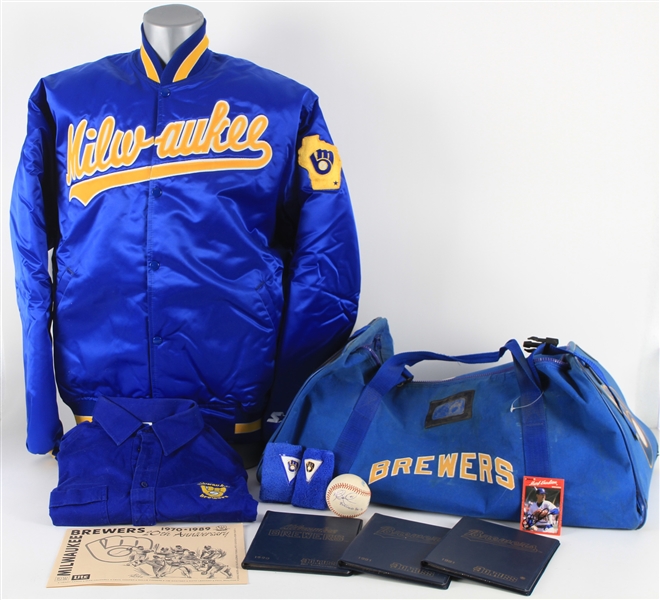 1986-91 Mark Knudson Milwaukee Brewers Personal Memorabilia Collection - Lot of 10 w/ Starter Team Equipment Bag, Starter Warm Up Jacket, Team Golf Shirt & More (MEARS LOA/JSA) 