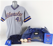 1986-91 Mark Knudson Milwaukee Brewers Personal Memorabilia Collection - Lot of 7 w/ Starter Team Equipment Bag, Game Worn Road Jersey, Team Golf Shirt & More (MEARS LOA/JSA)