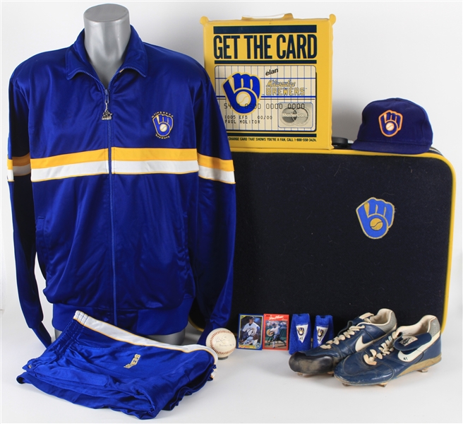 1986-91 Mark Knudson Milwaukee Brewers Personal Memorabilia Collection - Lot of 11 w/ Skyway USA Team Suitcase, Game Worn Cleats, Game Worn Cap, Team Golf Shirt & More (MEARS LOA/JSA)