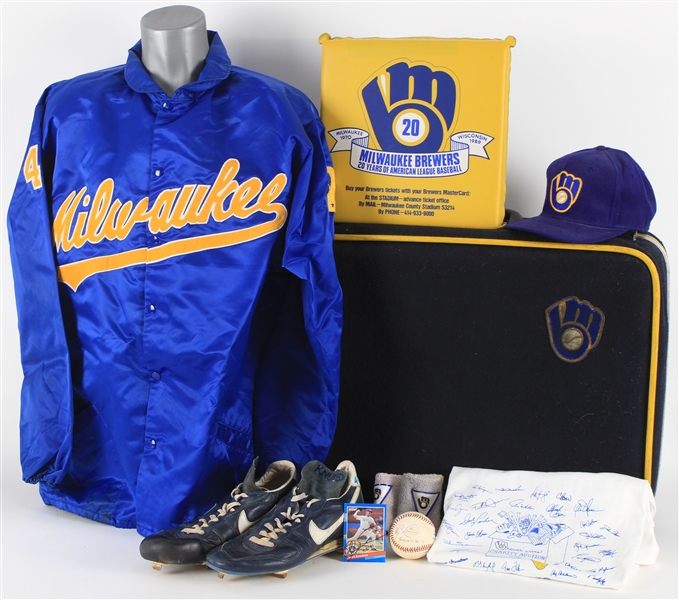 1986-91 Mark Knudson Milwaukee Brewers Personal Memorabilia Collection - Lot of 9 w/ Skyway USA Team Suitcase, Game Worn Cleats, Game Worn Cap, Warm Up Jacket & More (MEARS LOA/JSA)