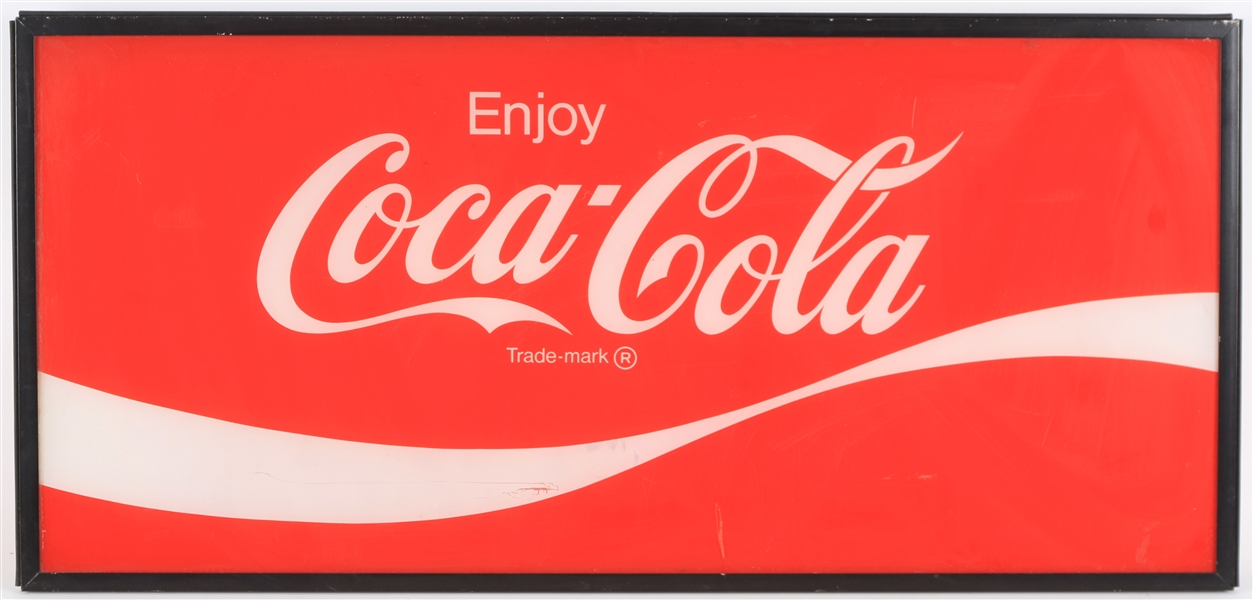 1970s-80s Enjoy Coca Cola 17" x 36" Advertising Sign