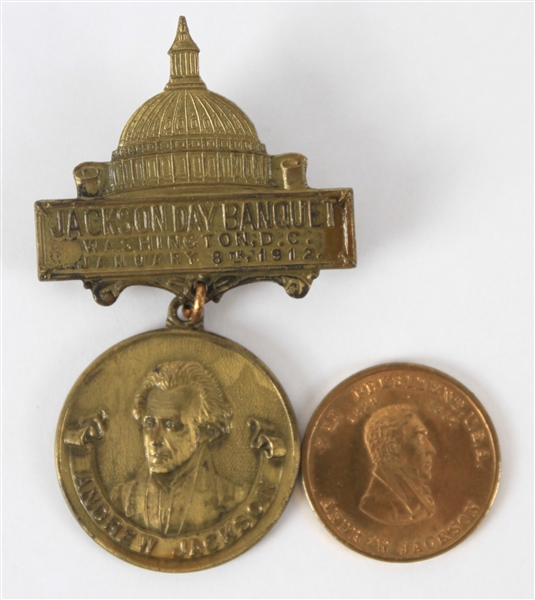1912 Jackson Day Banquet Pushback Pin and Commemorative Coin (Lot of 2)