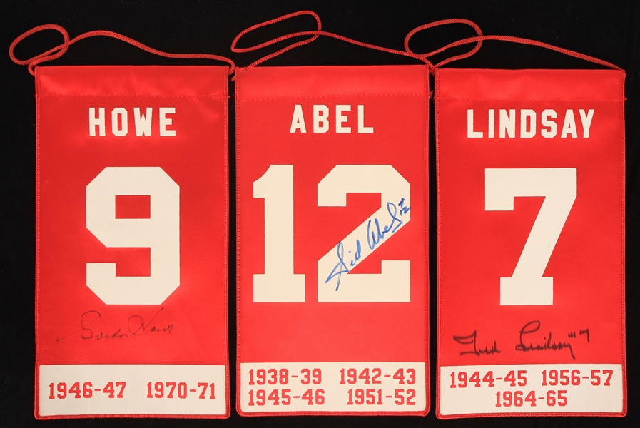 1946-1965 Gordie Howe Sid Abel Ted Lindsay Detroit Red Wings Autographed 10" Banners (Lot of 3) (JSA)