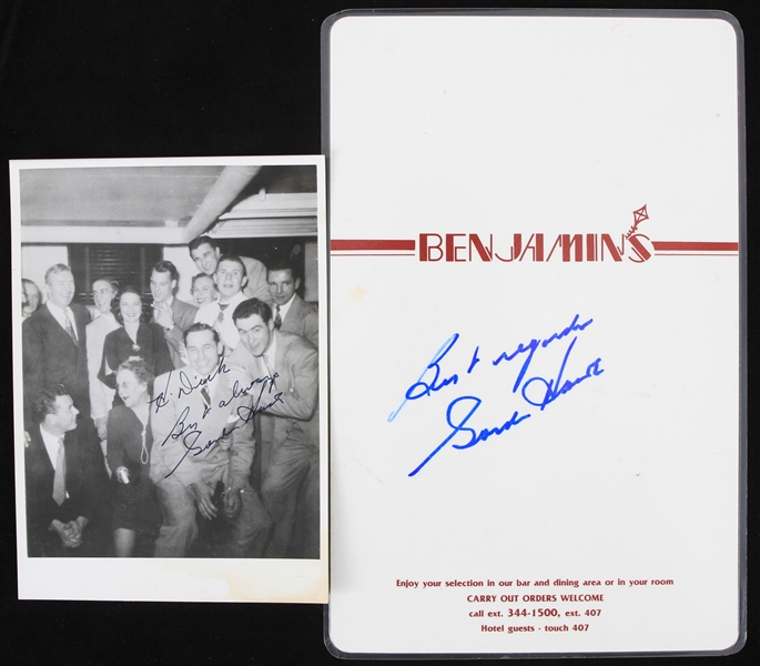 1946-1971 Gordie Howe Detroit Red Wings Houston Aeros Hartford Whalers Autographed 5x7 B&W Photo and Benjamins Menu (Lot of 2)(JSA)