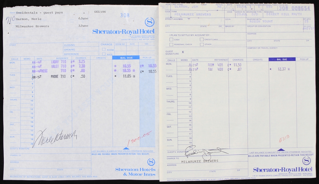 1970s-1980s Merle Harmon and Robin Yount Milwaukee Brewers Signed Sheraton Hotel Reciepts (Lot of 2) (JSA)