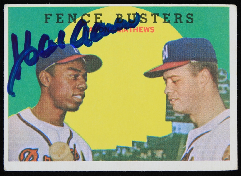 1959 Hank Aaron and Eddie Matthews Milwaukee Braves Fence Busters Topps Trading Card # 212 Autographed by Hank Aaron (JSA)