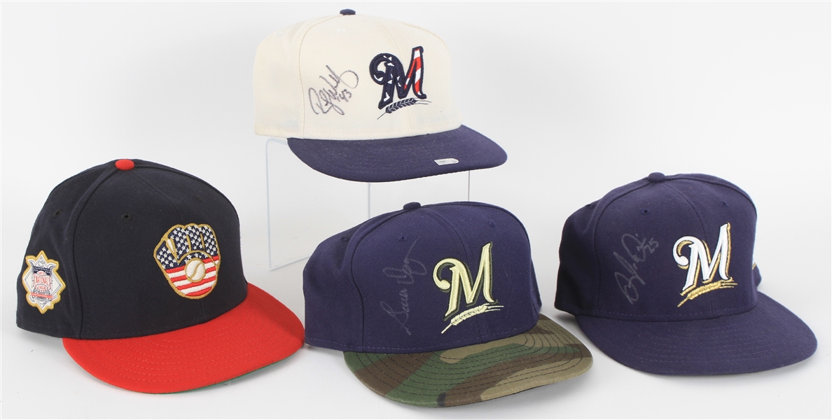 2010-19 Milwaukee Brewers Signed Game Worn Special Event Caps - Lot of 4 w/ Doug Davis, Randy Wolf, Pat Murphy & Garth Iorg (MEARS LOA/JSA/MLB Holograms)