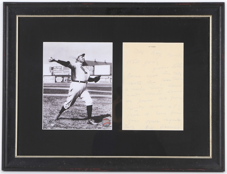 Cy Young Boston Rustlers Photo w/ Autographed Letter in 19x25 Frame *JSA Full Letter*