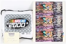 1996-2000 NASCAR Collection - Lot of 3 w/ NASCAR 2000 Pillow, Jeff Gordon Signed North Wilkesboro Speedway 50 Years Commemorative Ticket Sheet & Junior Johnson Signed Card (JSA)