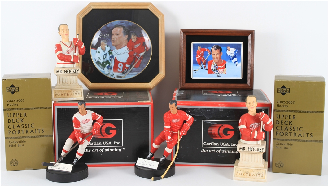 1990s-2000s Gordie Howe Detroit Red Wings Figure & Framed Collection - Lot of 6 w/ MIB Gartlan Figures with Signed Cuts, MIB Upper Deck Mini Busts & More