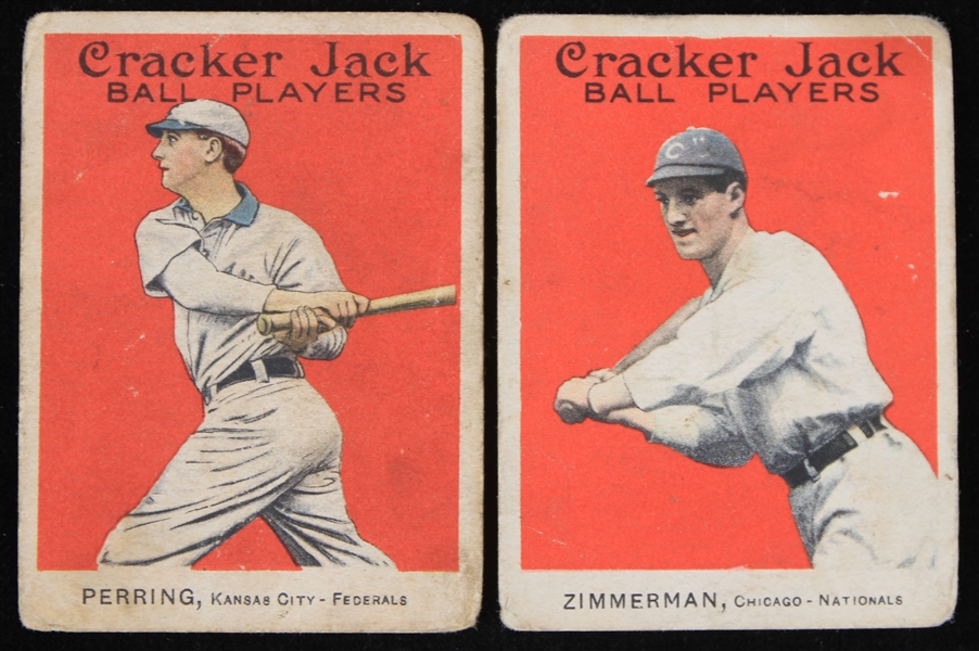 1915 Henry Zimmerman Chicago Nationals #21 and George Perring Kansas City Federals #119 Cracker Jack Ball Players Cards (Lot of 2)