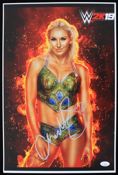 2019 Charlotte Flair WWE Champion Wrestler Signed 12" x 18" WWE 2K19 Photo (*JSA*) 