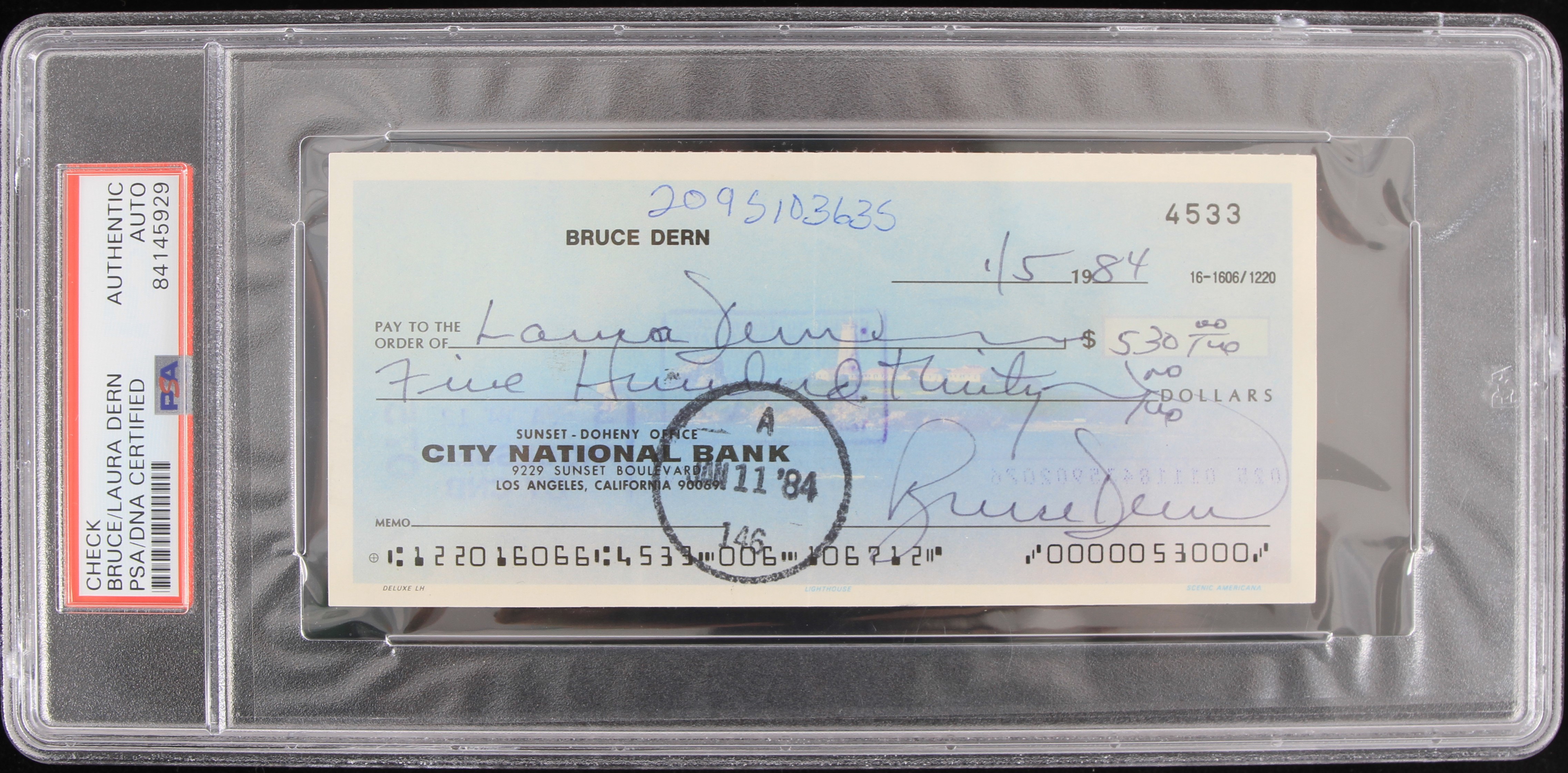 Slabbed Check Lot Detail - 1984 Bruce and Laura Dern Signed and Endorsed Check (PSA ...