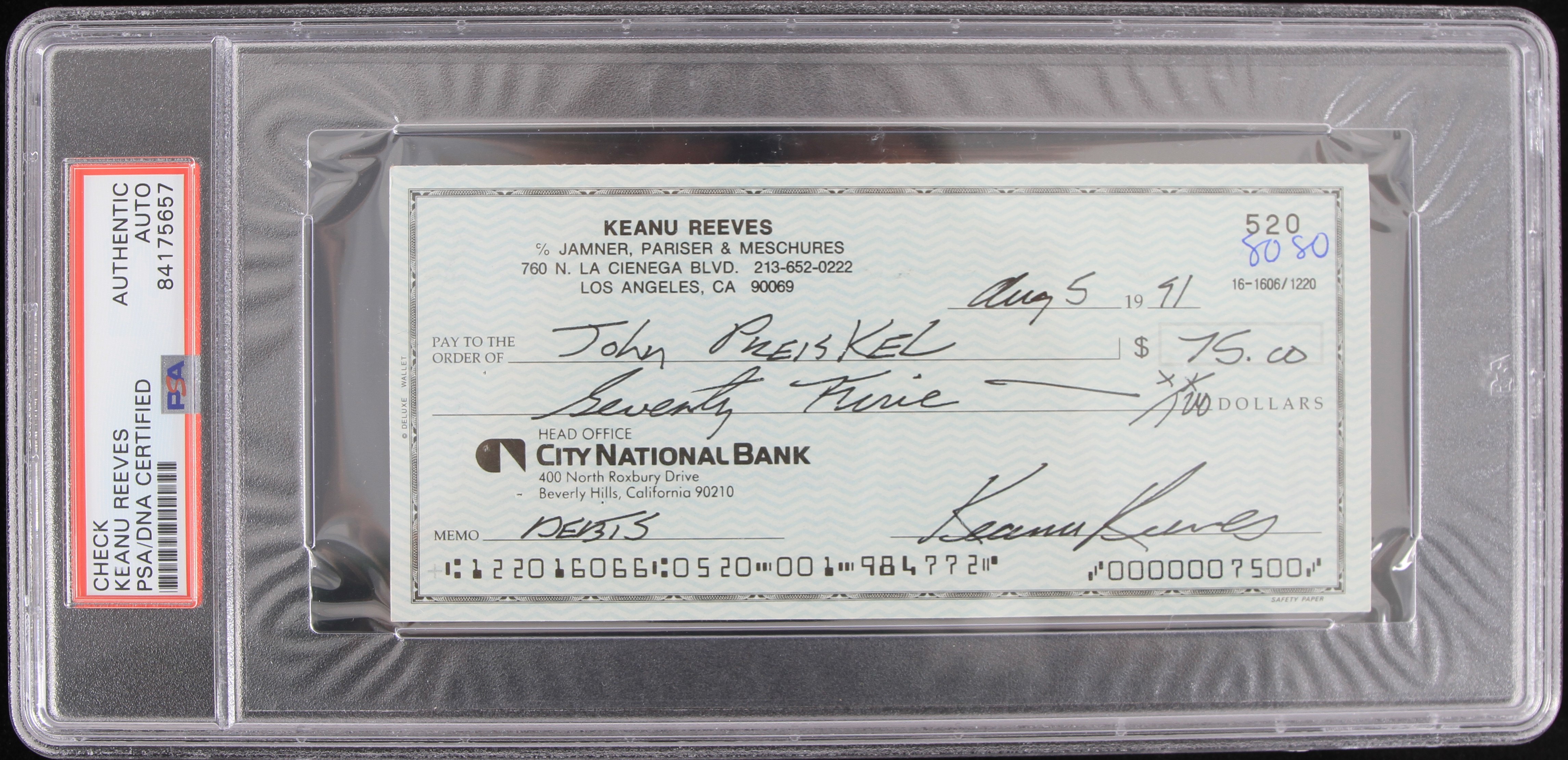 Esigned Check Lot Detail - 1991 Keanu Reeves Signed Check (PSA Slabbed)