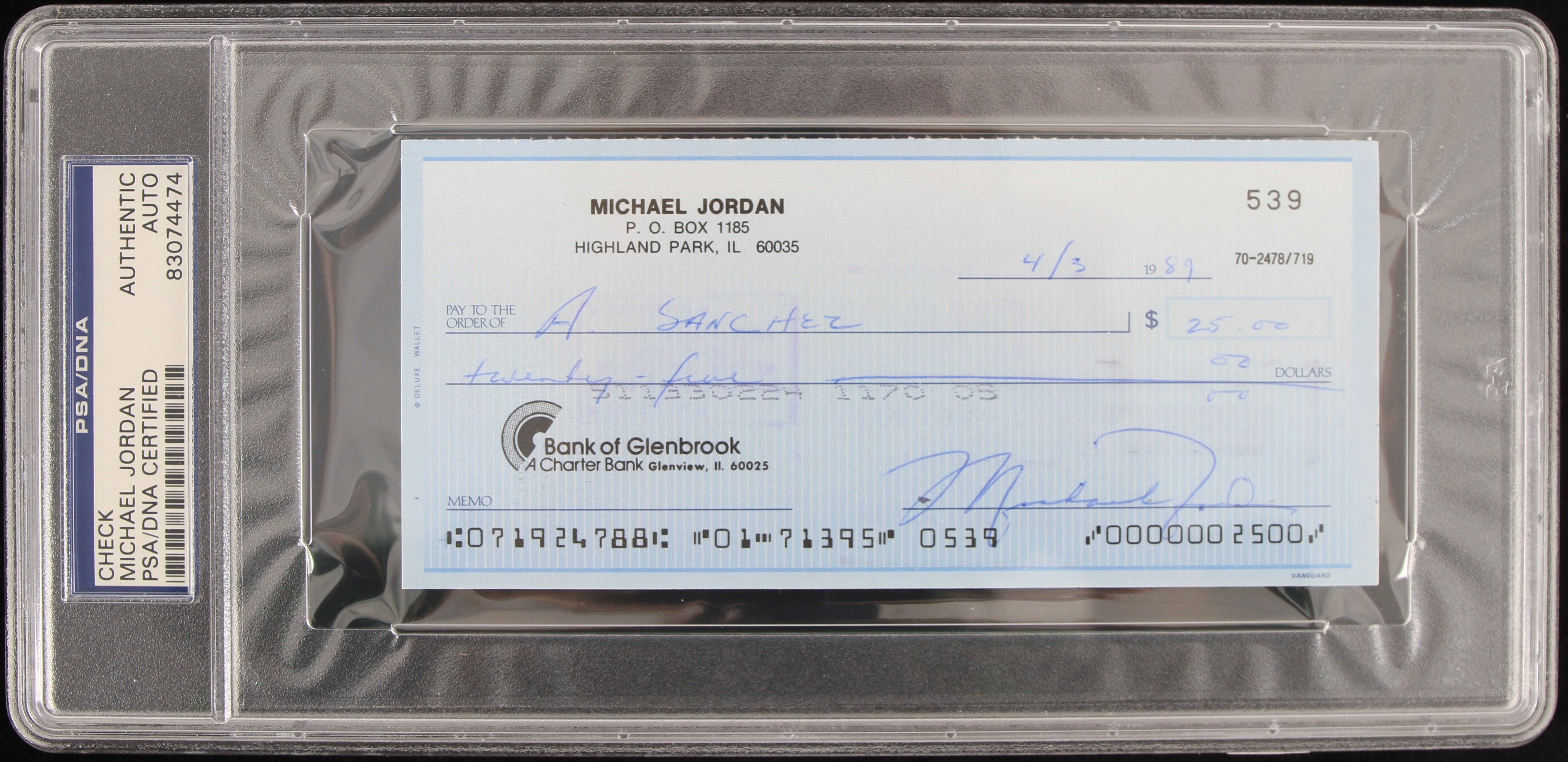 Slabbed Check Lot Detail - 1989 Michael Jordan Chicago Bulls Signed Check (PSA Slabbed)