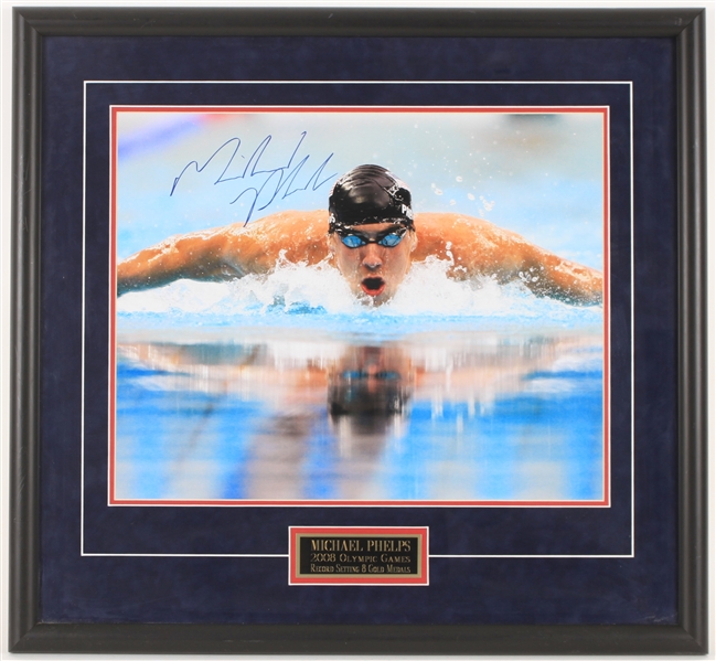 2008 Michael Phelps Olympic Gold Medalist Swimmer Signed 26" x 28" Framed Photo *JSA*
