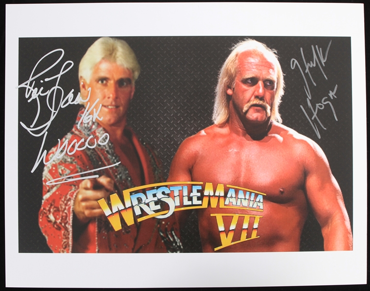 2010s Hulk Hogan Ric Flair WWF Champions Signed 11" x 14" Wrestlemania VII Photo (JSA) 