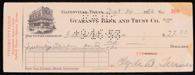 1953 Cylde "Bulldog" Turner (d.1998) Chicago Bears Signed Check *JSA*