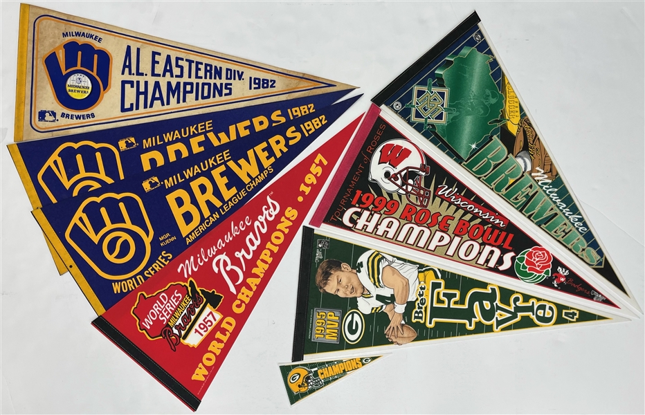 1980s-2000s Full Size Pennant Collection - Lot of 14 w/ Brewers 1982 World Series, Packers Super Bowls, Badgers Rose Bowl & More