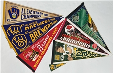 1980s-2000s Full Size Pennant Collection - Lot of 14 w/ Brewers 1982 World Series, Packers Super Bowls, Badgers Rose Bowl & More
