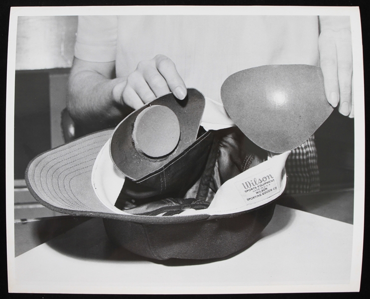 1940s-1960s 8x10 Black and White Early Baseball Protective Helmet Photo