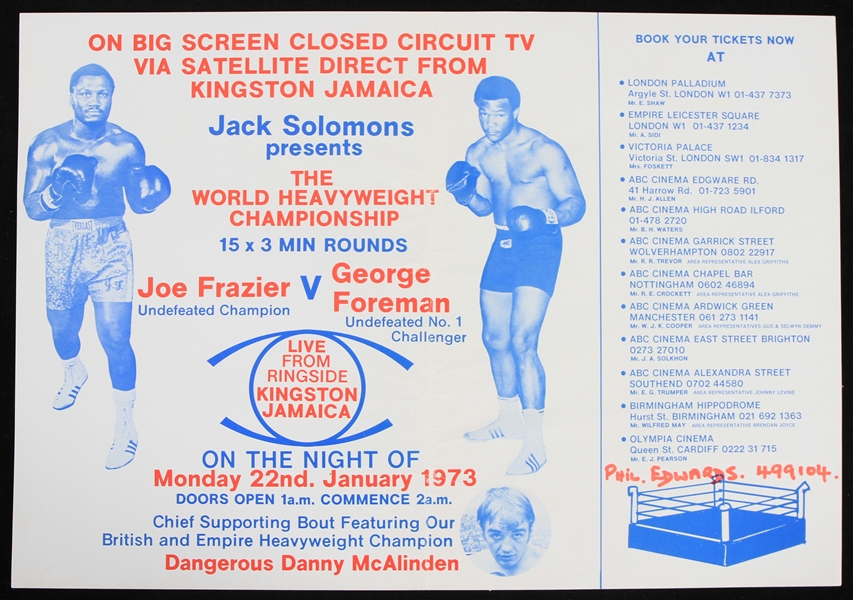 1973 Joe Frazier vs George Foreman Championship Bout England Closed Circuit Viewing Flyer
