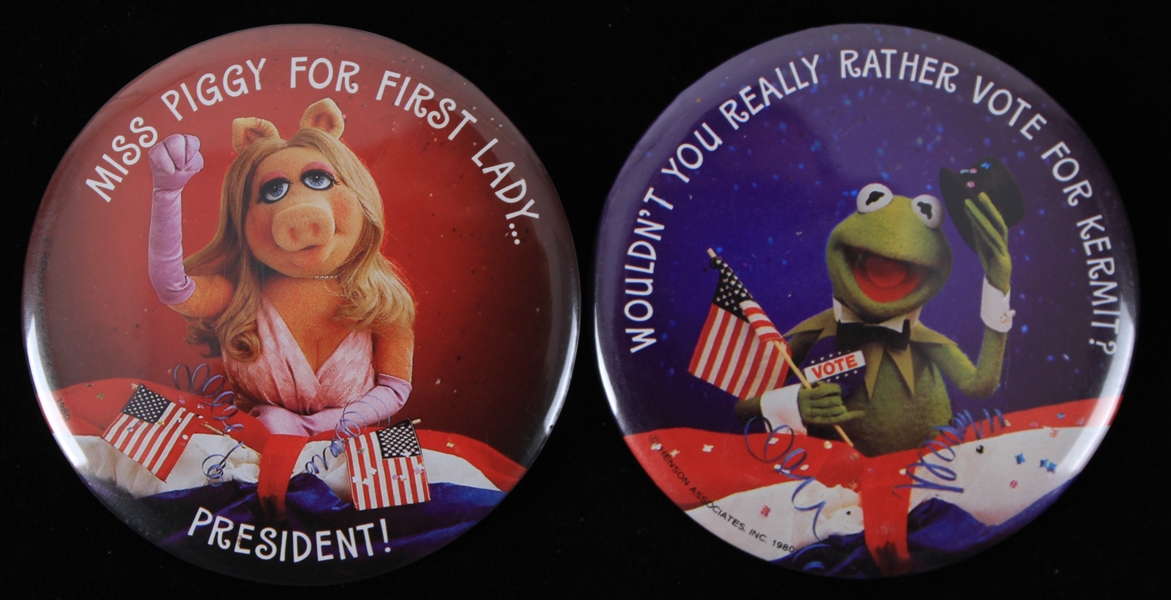 1980s Kermit the Frog and Mrs. Piggy For President 3.5" Pinback Buttons (Lot of 2)