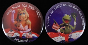 1980s Kermit the Frog and Mrs. Piggy For President 3.5" Pinback Buttons (Lot of 2)