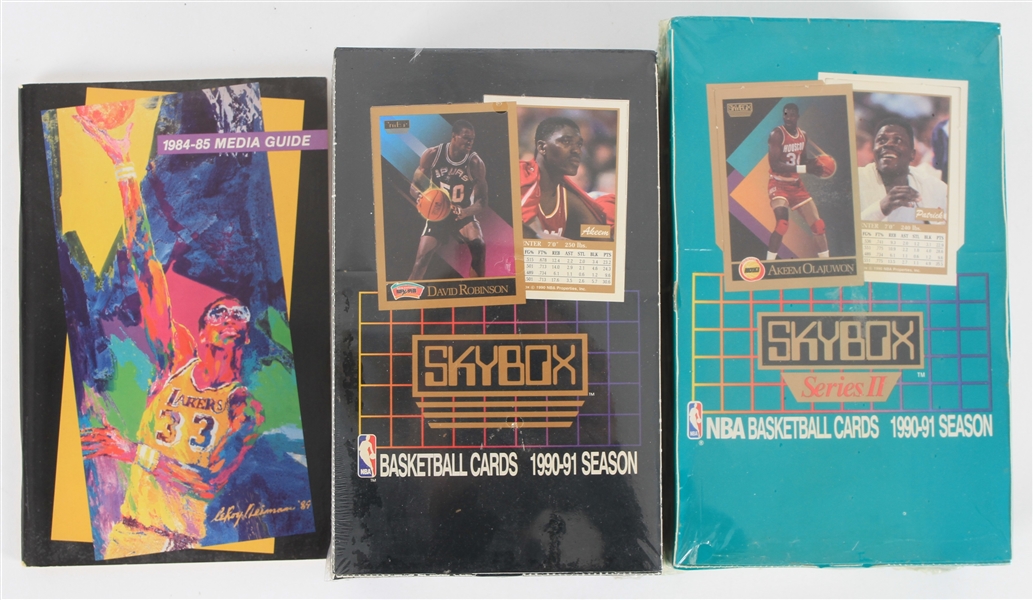 1990-91 Skybox Series I & II Basketball Trading Cards Unopened Hobby Boxes + 1984-85 Los Angeles Lakers Media Guide