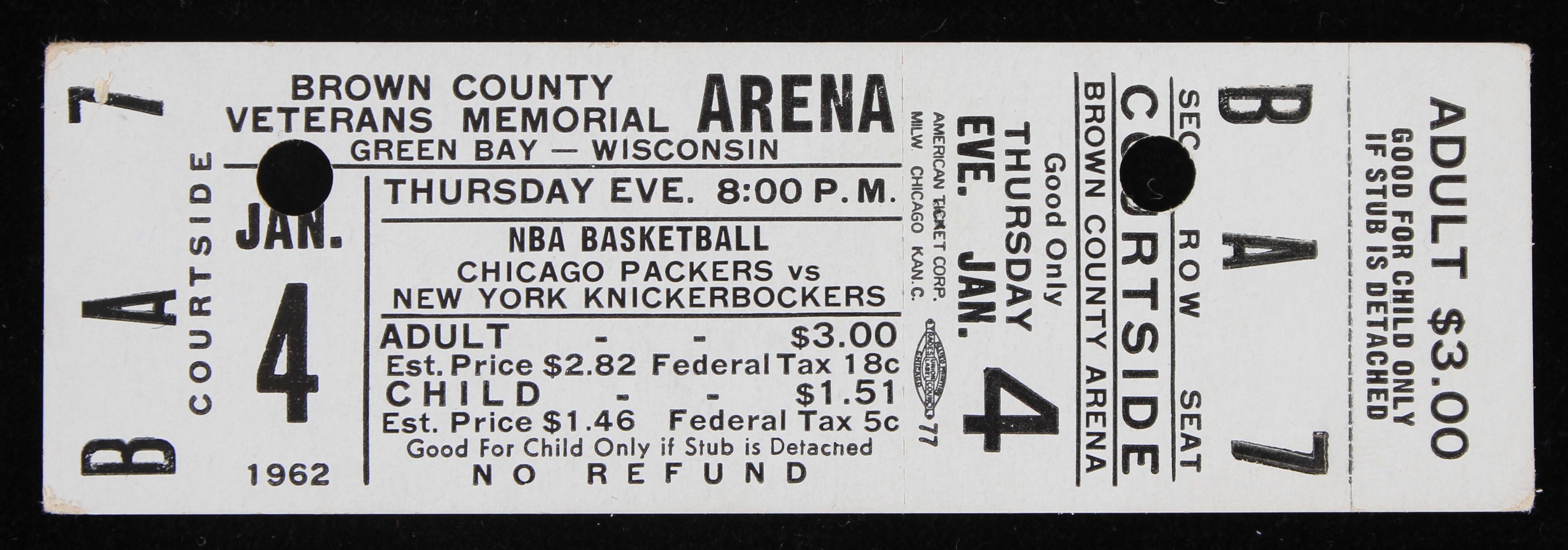 Lot Detail 1962 Chicago Packers vs New York Knickerbockers at Brown