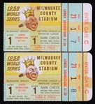 1958 Milwaukee Braves World Series Game 1 at Milwaukee County Stadium Ticket Stubs (Lot of 2)