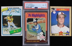 1975-1986 Hank Aaron Atlanta Braves Rickey Henderson Oakland Athletics and Cal Ripken Baltimore Orioles Baseball Trading Cards (Lot of 3)