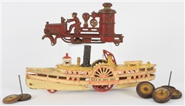 1890s-1900s Cast Iron Toy Collection - Lot of 2 w/ City of New York Riverboat & Hubley Fire Engine