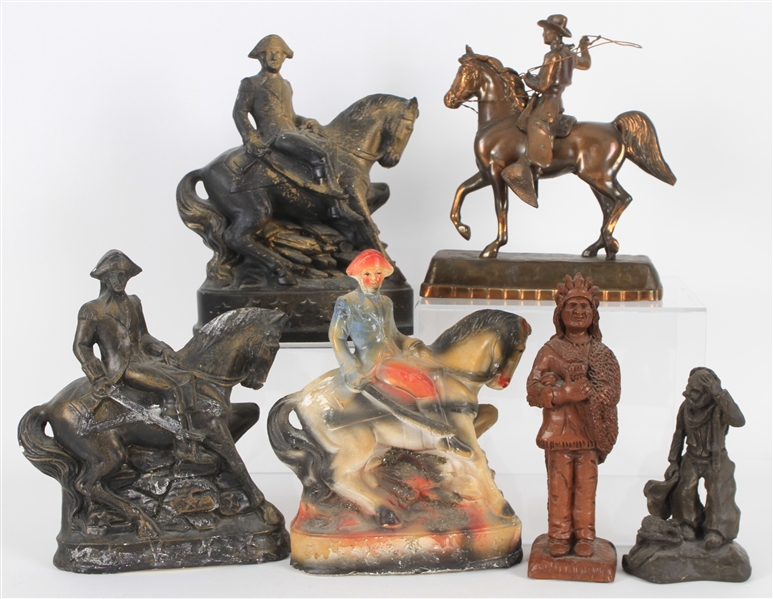1930s-90s Americana Figure Collection - Lot of 6 w/ George Washington, Cowboy on Horse, Native American Chief & More