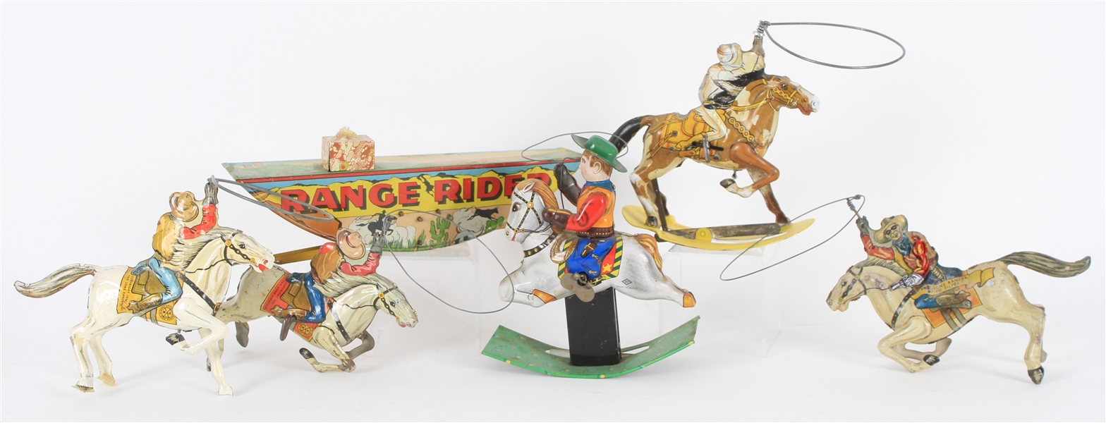 1938 The Lone Ranger Hi Yo Silver Wind Up Lariat Toys & Range Rider Platform - Lot of 6