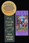 1998 Denver Broncos Green Bay Packers Super Bowl XXXII Ticket Stub & Pinback Button w/ Go Pack Go Ribbon