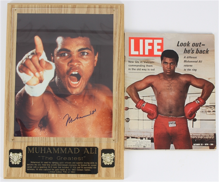 1970s Muhammad Ali World Heavyweight Champion Life Magazine and 13" x 20" Signed Photo Display - Lot of 2 (JSA)