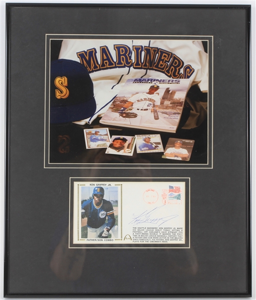 1989 Ken Griffey Jr. Seattle Mariners 14" x 17" Framed Display w/ Signed Father/Son Combo First Day of Issue Envelope (JSA)