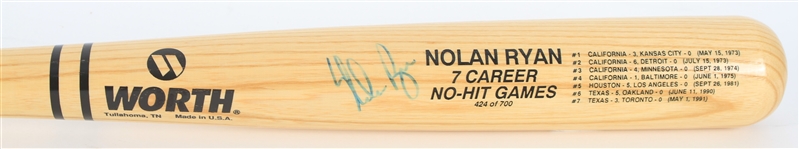 1991 Nolan Ryan Texas Rangers Signed Worth No Hitter Bat (JSA) 424/700
