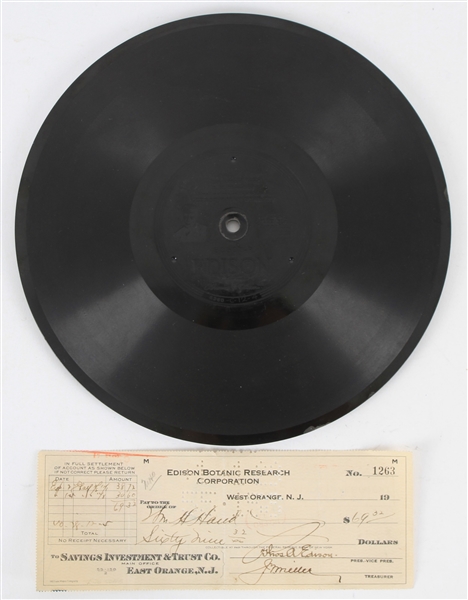 1928 Thomas Edison Signed Edison Botanic Research Corporation Check w/ Edison Diamond Disc Record (Full JSA Letter)