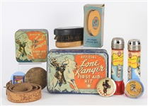 1950s The Lone Ranger Memorabilia Collection - Lot of 17 w/ First Aid Kit Tins, Flashlights, Shoe Shine Brushes, Belt, Buttons & More 
