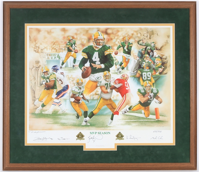 1996 Edgar Bennett, Brett Favre, Mark Chmura GB Packers MVP Season Signed 30x34 Framed Print (JSA)