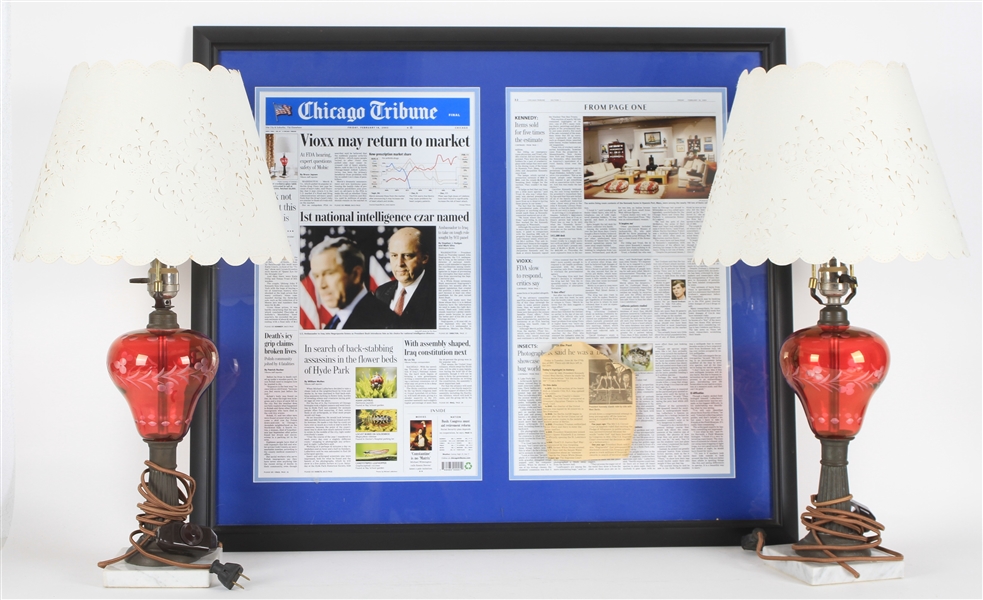 John F. Kennedy Personally Owned Family Lamps w/ 28"x32" Framed Chicago Tribune Article