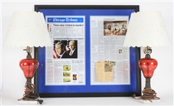 John F. Kennedy Personally Owned Family Lamps w/ 28"x32" Framed Chicago Tribune Article