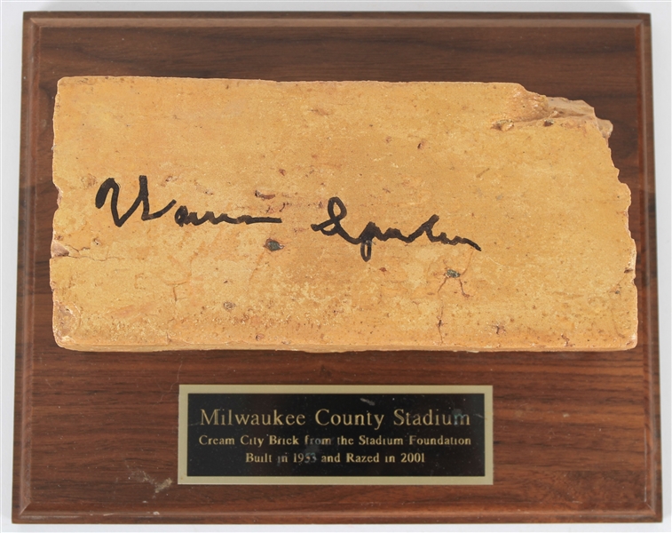 1953-2001 Warren Spahn Milwaukee Braves Signed Milwaukee County Stadium Cream City Brick (MEARS LOA/JSA)
