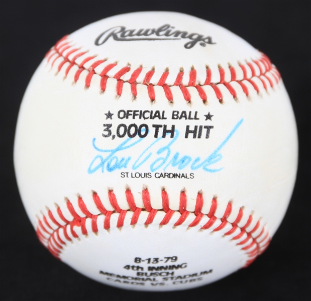 1979 Lou Brock St. Louis Cardinals Autographed 3000th Hit Commemorative Rawlings Playmaker Baseball (JSA)