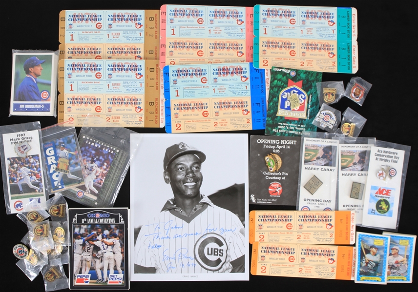 1970s-2000s Chicago Cubs Memorabilia Collection - Lot of 49 w/ Ernie Banks Signed Photo, 1970 Postseason Ghost Tickets, Trading Cards & Pins 