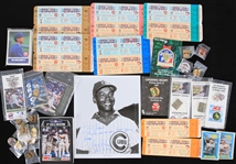 1970s-2000s Chicago Cubs Memorabilia Collection - Lot of 49 w/ Ernie Banks Signed Photo, 1970 Postseason Ghost Tickets, Trading Cards & Pins 