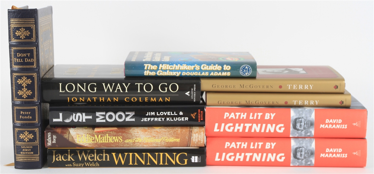 1970s-2020s Signed Hardcover Book Collection - Lot of 10 w/ Eddie Mathews, Douglas Adams, Peter Fonda, George McGovern & More (JSA)