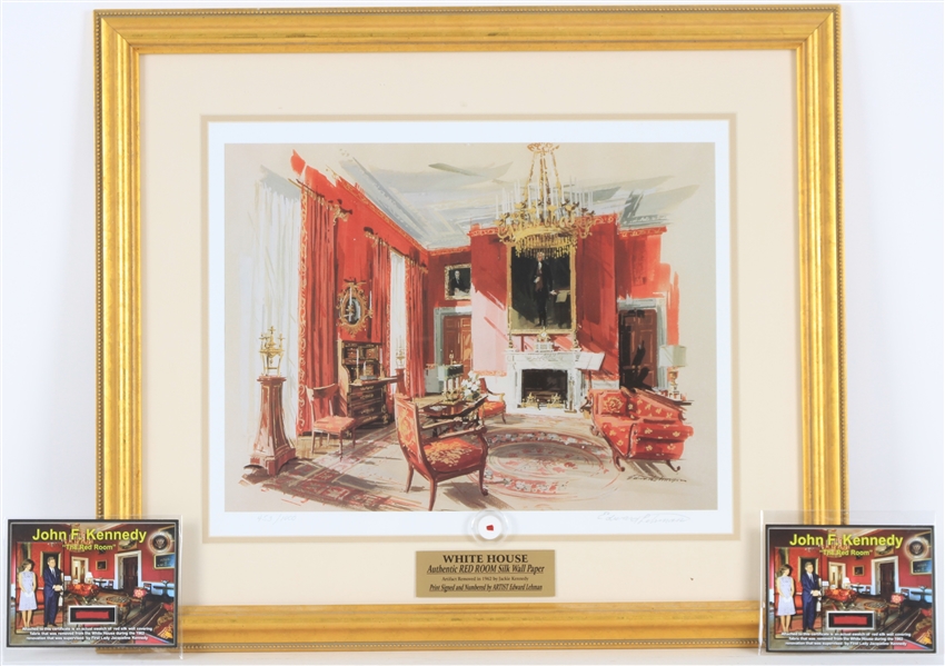 Edward Lehman Signed Framed 16"x20" Watercolor Print of JFKs Whitehouse Red Room With a Swatch of Red Silk Wallpaper (Lot of 3)